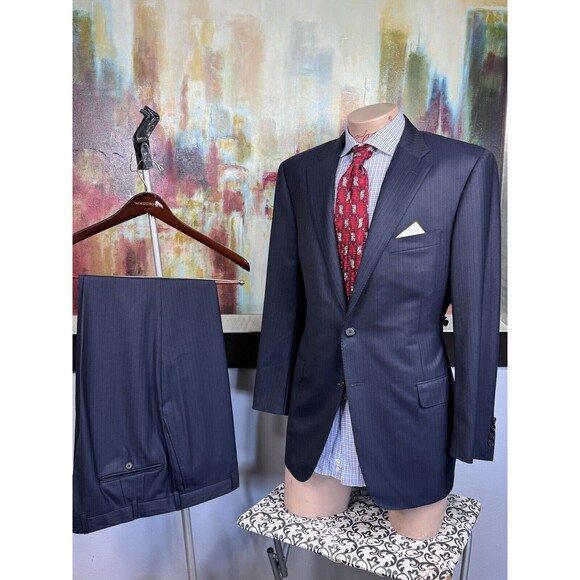 44R Mens Hickey Freeman Navy Shadow Striped 2 Piece Suit Pants 38/29 - Picture 1 of 14
